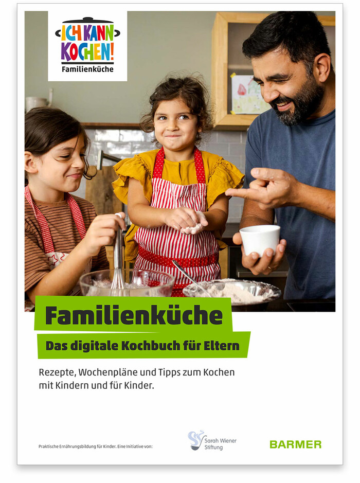 Cover des kostenfreien Kochbuchs für Familien mit Rezepten für Kinder.