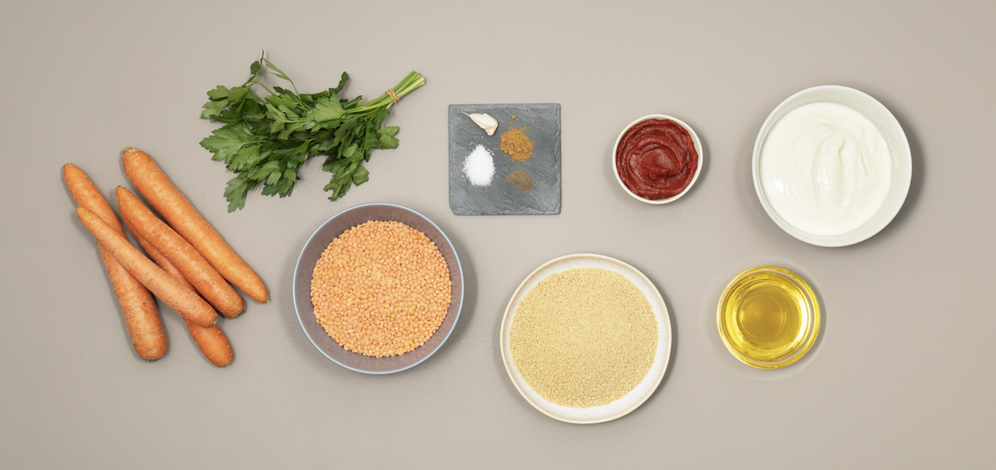 Zutaten für Linsenkroketten mit Möhrenjoghurt