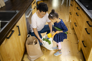 Mutter und Tochter schauen in Einkaufstüten mit Lebensmitteln