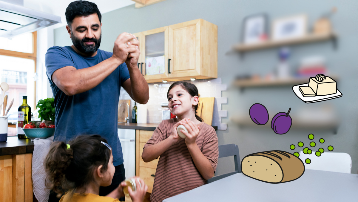 Eine Collage aus einer Familie, die Butter schüttelt, Erbsencreme und den Zutaten für Pflaumenmus