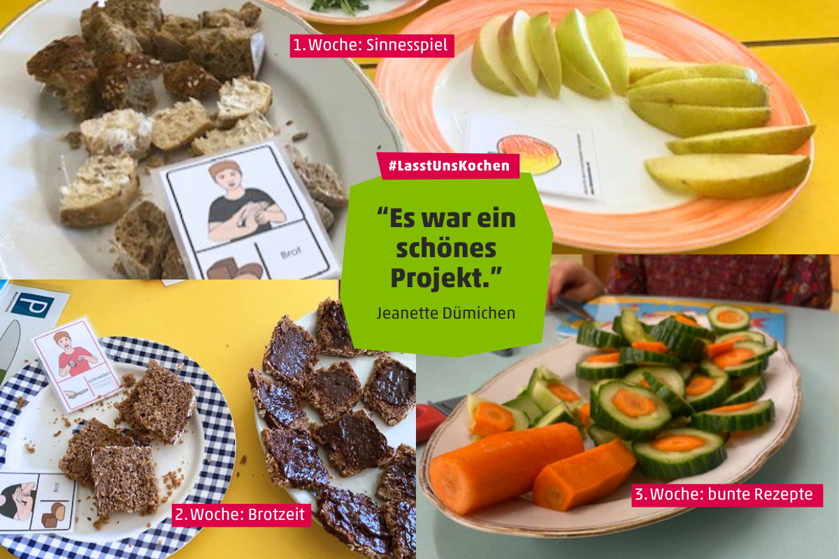 Brotstücke, Apfelscheiben und Gurken-Möhren-Lollis auf Tellern