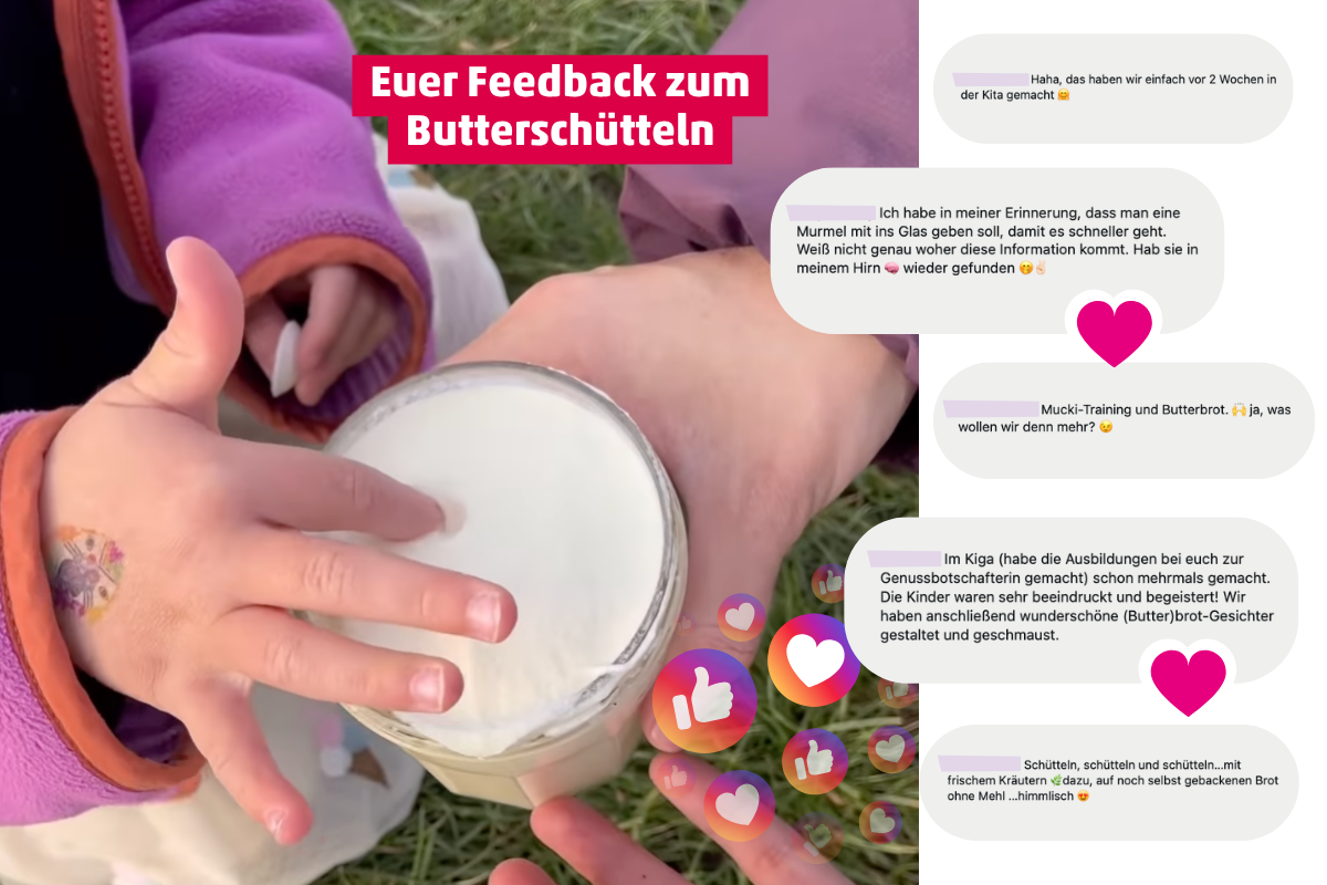 Eine Kinderhand taucht einen Finger in geschüttelte Butter